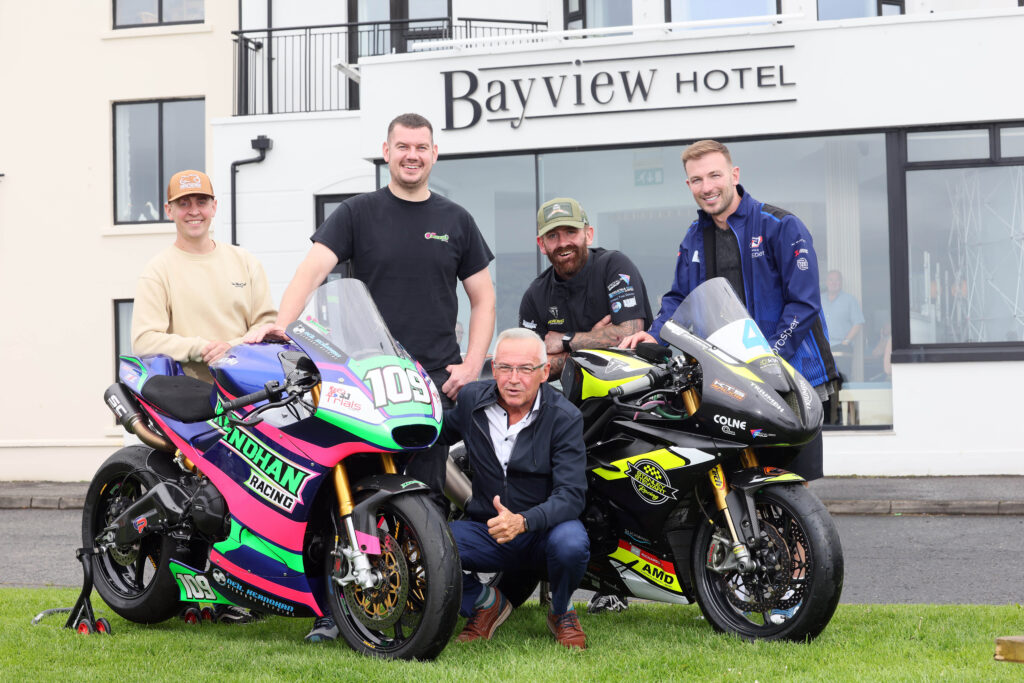 PACEMAKER, BELFAST, 18/6/2024: Dominic Herbertson, Neil Kernohan, Jamie Coward and Paul Jordan join Trevor Kane, proprietor of the Bayview Hotel, title sponsors of the Armoy road races, at the launch of the event in Portballintrae, Co. Antrim today. The races take place on July 25-26.
PICTURE BY STEPHEN DAVISON