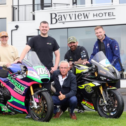 PACEMAKER, BELFAST, 18/6/2024: Dominic Herbertson, Neil Kernohan, Jamie Coward and Paul Jordan join Trevor Kane, proprietor of the Bayview Hotel, title sponsors of the Armoy road races, at the launch of the event in Portballintrae, Co. Antrim today. The races take place on July 25-26.
PICTURE BY STEPHEN DAVISON